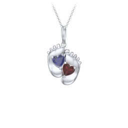 Engravable Baby Feet Two Stone Pendant in 925 Sterling Silver with Blue Sapphire and Garnet