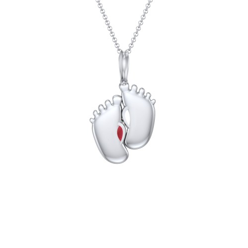 Engravable Baby Feet Two Stone Pendant – Sterling Silver with Blue Sapphire and Garnet
