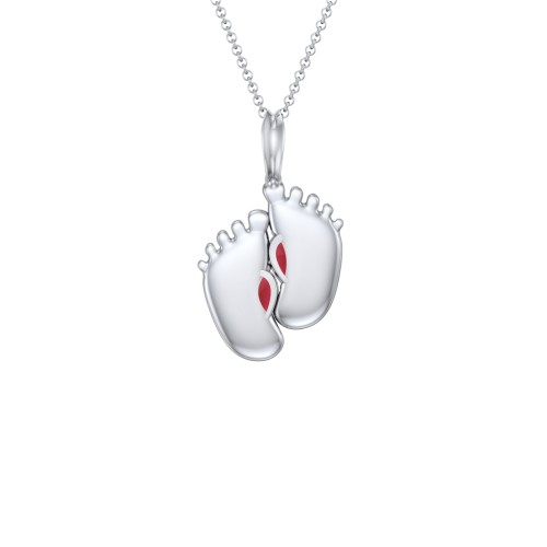 Engravable Baby Feet Two Stone Pendant – Sterling Silver with Garnet