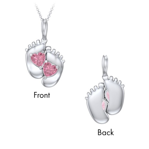 Engravable Baby Feet Two Stone Pendant – Sterling Silver with Pink Tourmaline