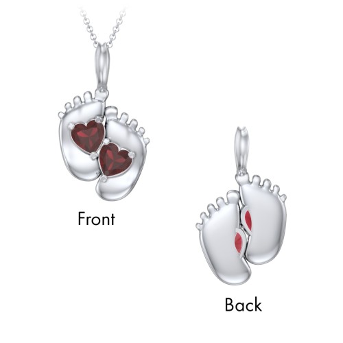 Engravable Baby Feet Two Stone Pendant – Sterling Silver with Garnet