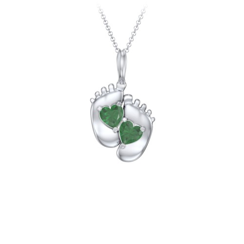 Engravable Baby Feet Two Stone Pendant – Sterling Silver with Emerald