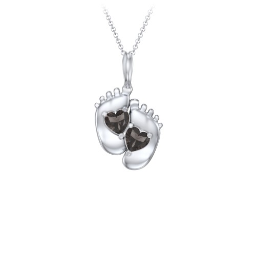 Engravable Baby Feet Two Stone Pendant – Sterling Silver with Smokey Quartz