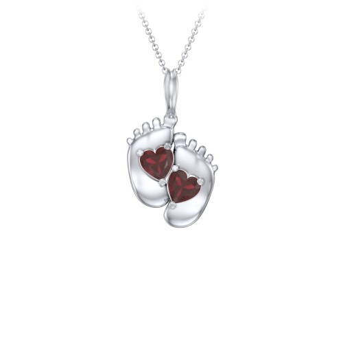 Engravable Baby Feet Two Stone Pendant – Sterling Silver with Garnet