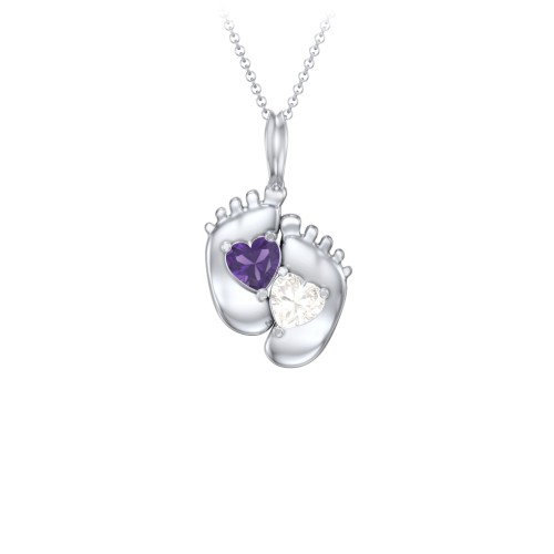 Engravable Baby Feet Two Stone Pendant – Sterling Silver with Amethyst and Cubic Zirconia