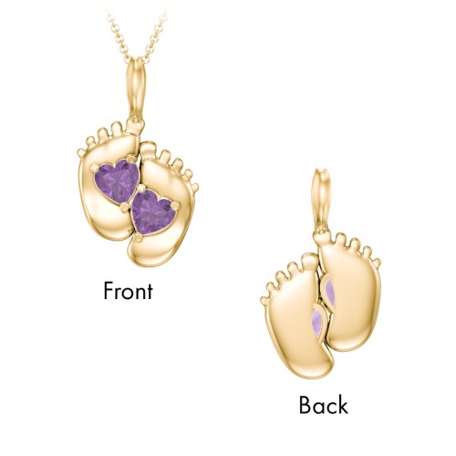 Engravable Baby Feet Two Stone Pendant – 10K Yellow Gold with Amethyst