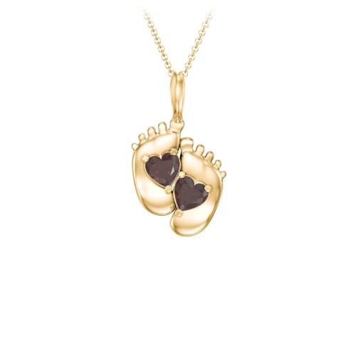 Engravable Baby Feet Two Stone Pendant – 10K Yellow Gold with Garnet