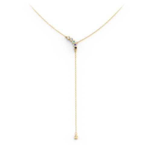 Bezel Gemstone Lariat with Ball Charm – 10K Yellow Gold with Cubic Zirconia, Blue Topaz, Mint Premium Zirconia, Blue Sapphire, and Black Premium Zirconia