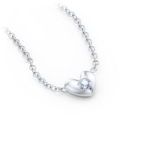 Puffed Heart Pendant with Gemstone – Sterling Silver with Aquamarine