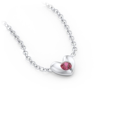 Puffed Heart Pendant with Gemstone – Sterling Silver with Ruby