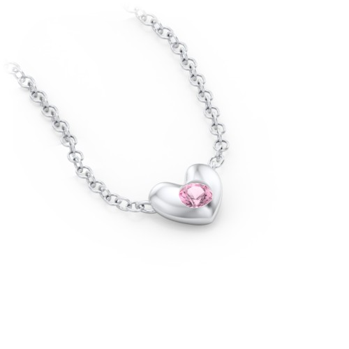 Puffed Heart Pendant with Gemstone – Sterling Silver with Pink Tourmaline