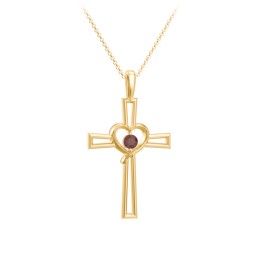 Cross and Heart Pendant with Birthstone in 18K Gold Plated Silver with Garnet