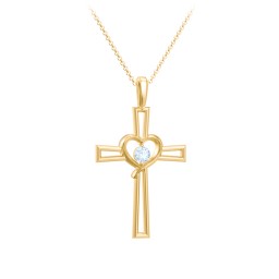 Cross and Heart Pendant with Birthstone in 18K Gold Plated Silver with Aquamarine
