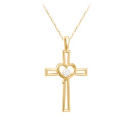 Cross and Heart Pendant with Birthstone in 18K Gold Plated Silver with Cubic Zirconia