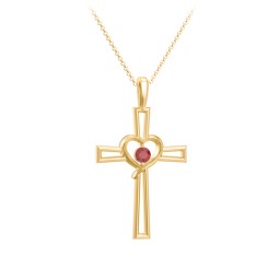 Cross and Heart Pendant with Birthstone in 18K Gold Plated Silver with Garnet