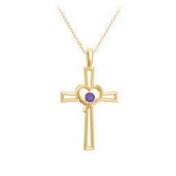 Cross and Heart Pendant with Birthstone in 18K Gold Plated Silver with Amethyst