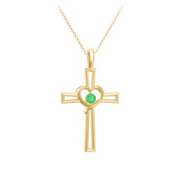 Cross and Heart Pendant with Birthstone in 18K Gold Plated Silver with Emerald