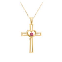 Cross and Heart Pendant with Birthstone in 18K Gold Plated Silver with Ruby