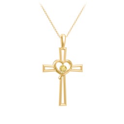Cross and Heart Pendant with Birthstone in 18K Gold Plated Silver with Citrine