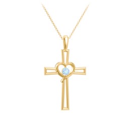 Cross and Heart Pendant with Birthstone in 18K Gold Plated Silver with Blue Topaz