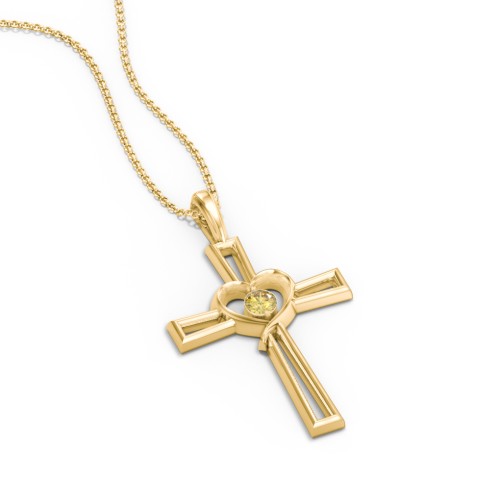 Cross and Heart Pendant with Birthstone – 18K Gold Plated Silver with Citrine