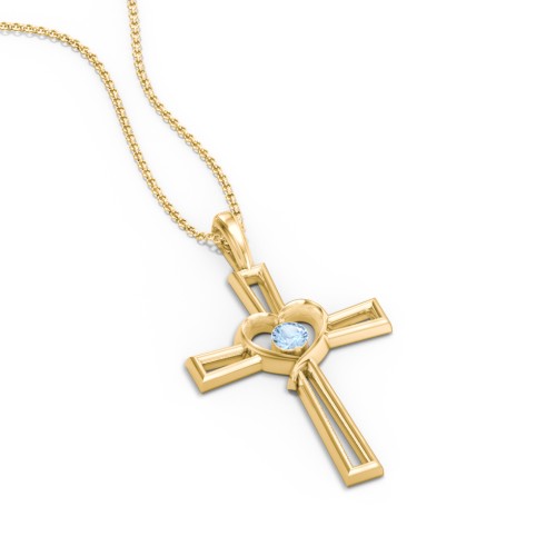 Cross and Heart Pendant with Birthstone – 18K Gold Plated Silver with Blue Topaz