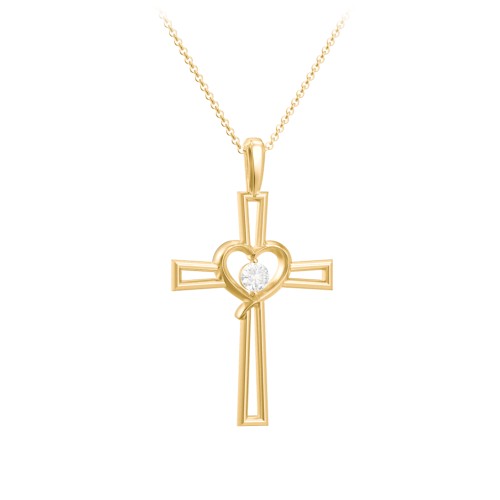 Cross and Heart Pendant with Birthstone – 18K Gold Plated Silver with Cubic Zirconia