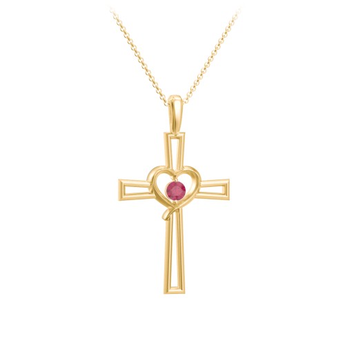 Cross and Heart Pendant with Birthstone – 18K Gold Plated Silver with Ruby