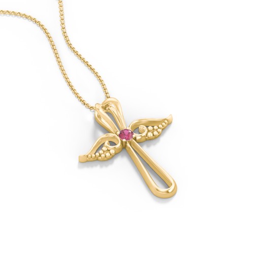 Angel Cross Pendant with Birthstone – 18K Gold Plated Silver with Ruby