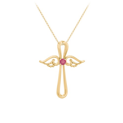 Angel Cross Pendant with Birthstone – 18K Gold Plated Silver with Ruby