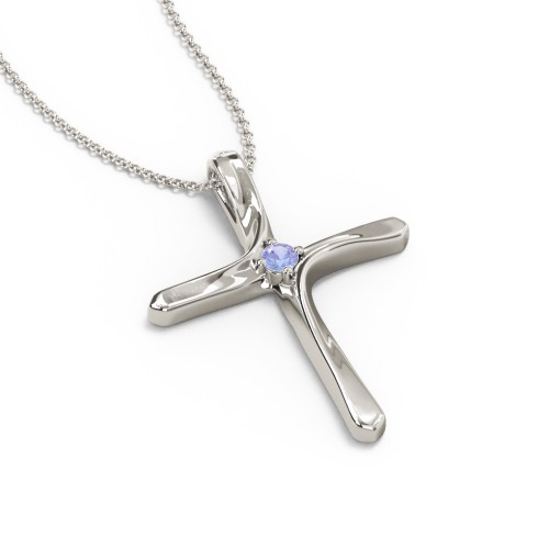 Twisted Cross Pendant with Birthstone – 14K White Gold with Tanzanite