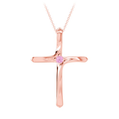 Twisted Cross Pendant with Birthstone – 10K Rose Gold with Pink Sapphire