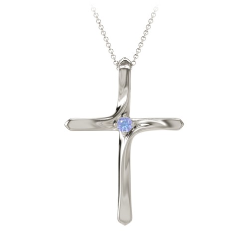 Twisted Cross Pendant with Birthstone – 14K White Gold with Tanzanite