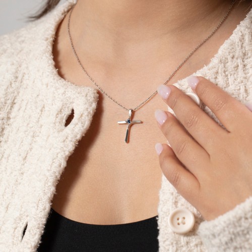 Twisted Cross Pendant with Birthstone – 10K Yellow Gold with Blue Sapphire