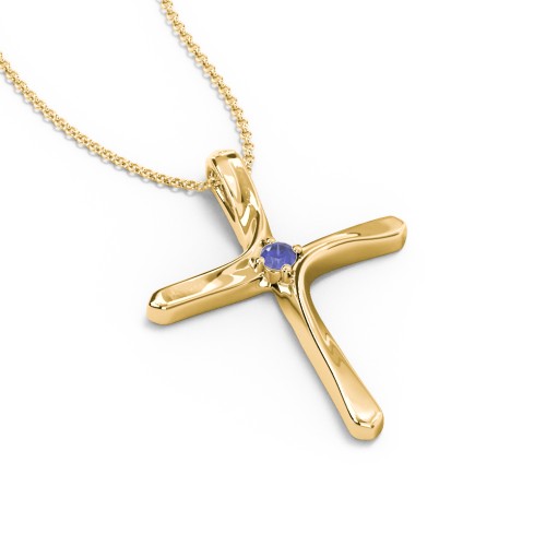 Twisted Cross Pendant with Birthstone – 10K Yellow Gold with Blue Sapphire