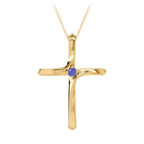 Twisted Cross Pendant with Birthstone – 10K Yellow Gold with Blue Sapphire