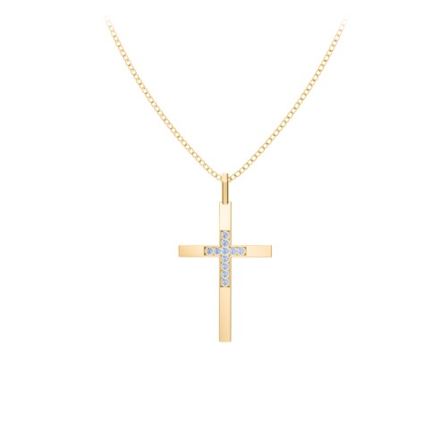 Classic Cross with Accents – 10K Yellow Gold with Fancy Blue Premium Zirconia