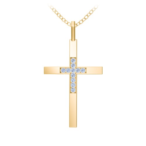 Classic Cross with Accents – 10K Yellow Gold with Fancy Blue Premium Zirconia