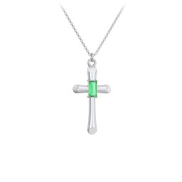 Mini Cross with Baguette Birthstone in 925 Sterling Silver with Emerald