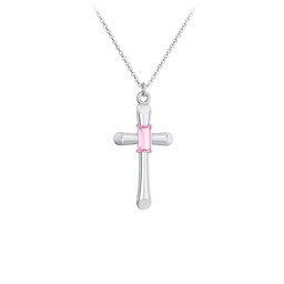 Mini Cross with Baguette Birthstone in 925 Sterling Silver with Pink Tourmaline