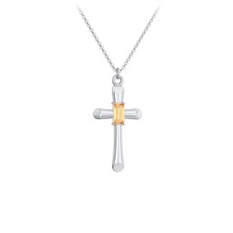 Mini Cross with Baguette Birthstone in 925 Sterling Silver with Citrine