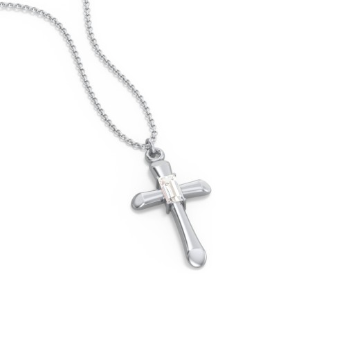 Mini Cross with Baguette Birthstone – Sterling Silver with Cubic Zirconia