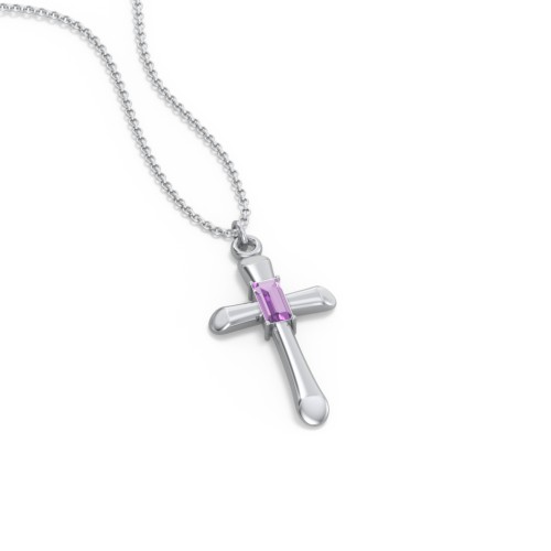 Mini Cross with Baguette Birthstone – Sterling Silver with Amethyst