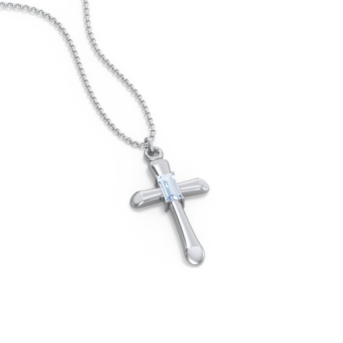 Mini Cross with Baguette Birthstone – Sterling Silver with Aquamarine