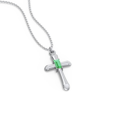 Mini Cross with Baguette Birthstone – Sterling Silver with Emerald
