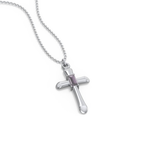 Mini Cross with Baguette Birthstone – Sterling Silver with Alexandrite