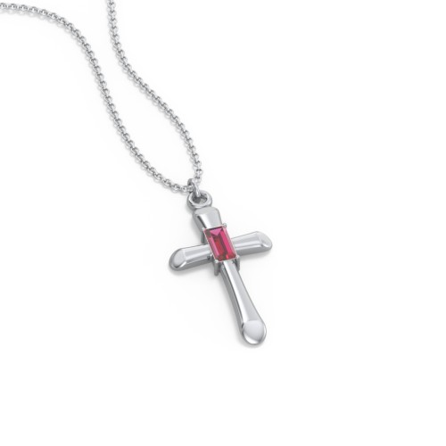 Mini Cross with Baguette Birthstone – Sterling Silver with Ruby