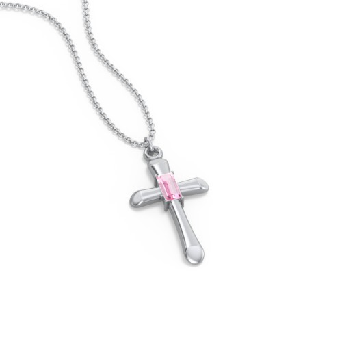 Mini Cross with Baguette Birthstone – Sterling Silver with Pink Tourmaline