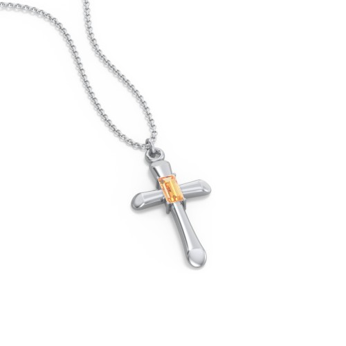 Mini Cross with Baguette Birthstone – Sterling Silver with Citrine