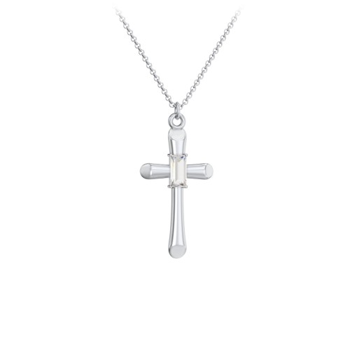 Mini Cross with Baguette Birthstone – Sterling Silver with Cubic Zirconia